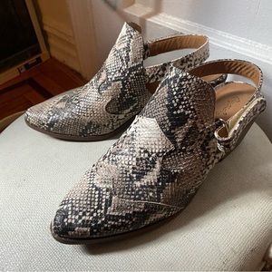 Snakeskin print faux leather mule bootie with ankle back strap slingback EUC